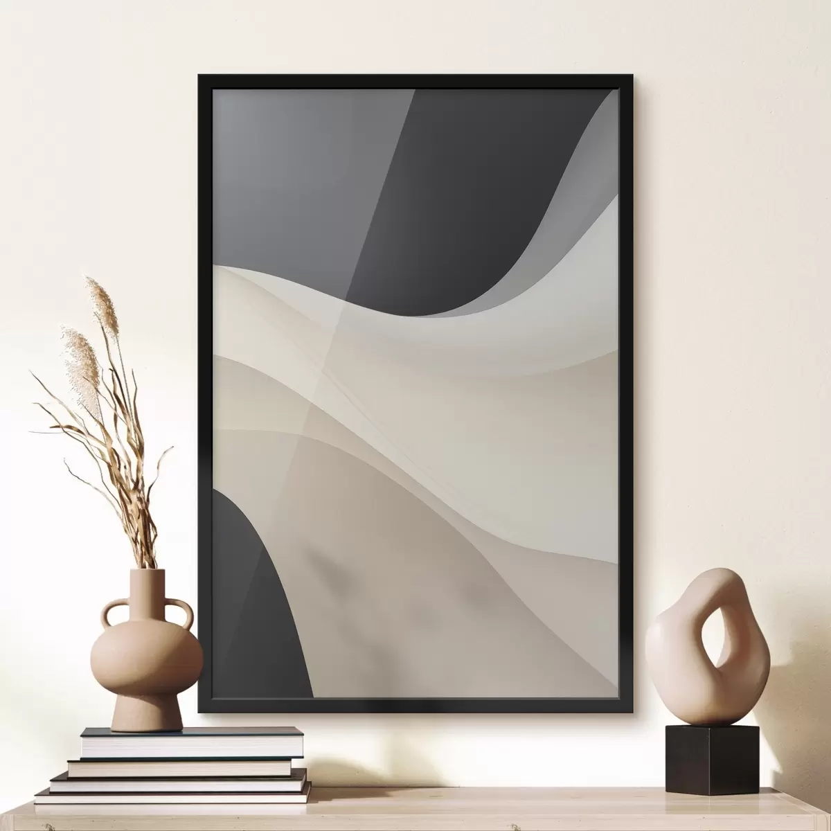 Plakat Mustad, kreemikad ja hallikaspruunid kihilised voolavad kõverad f46492