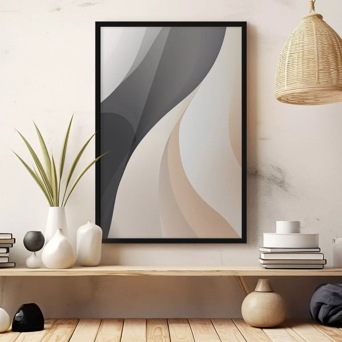 Plakat Sile üksteisega kattuvad kõverad süsi, elevandiluu ja liiv f46493