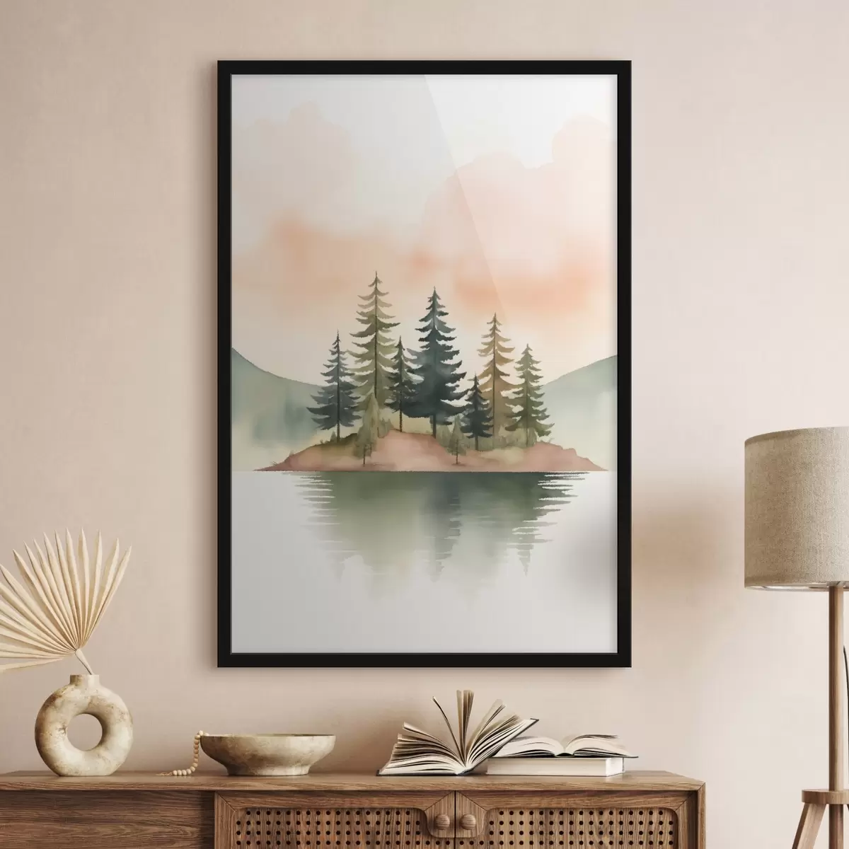 Plakat Vesivärviga maalitud männid udusel saarekesel, õrn virsiku värvi taevas f46505