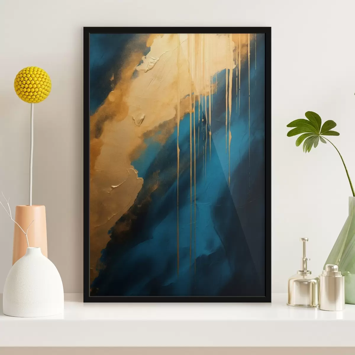 Plakat Teal ja sügavsinine abstraktne kujundus voolavate soojade rõhutatud detailidega f46509