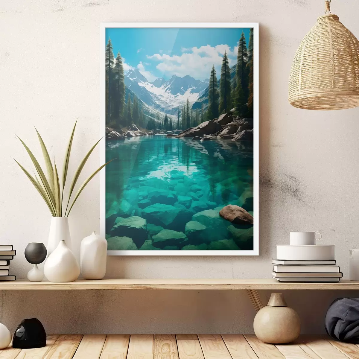 Plakat Selge alpi jõgi kivise põhja ja lumiste tippudega f46514