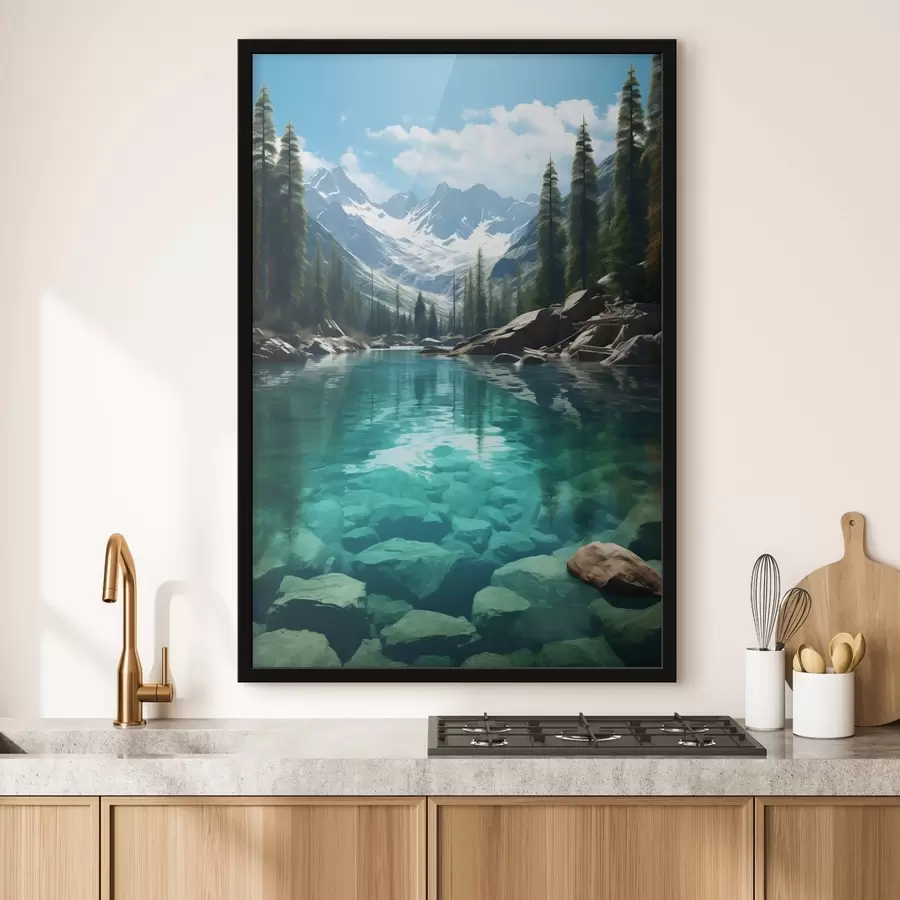 Fototapeedid Selge alpi jõgi kivise põhja ja lumiste tippudega f46514