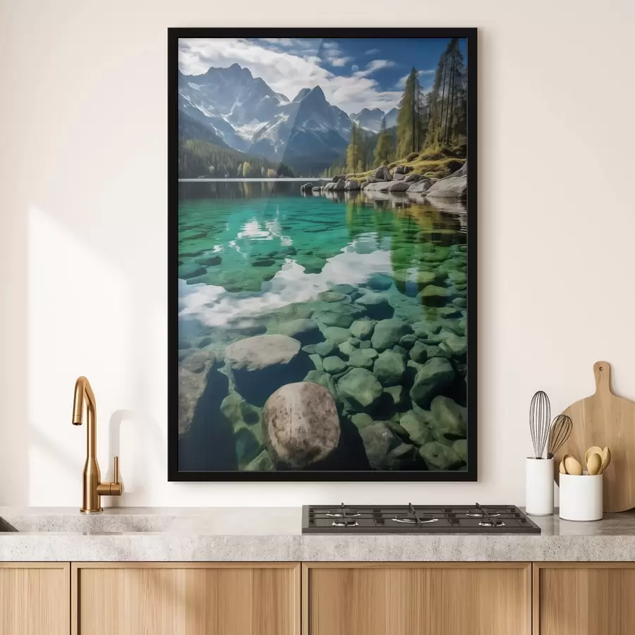 Fototapeedid Smaragdroheline alpijärv, mille põhjas on kivid ja mille ümber kõrguvad mäetipud f46515