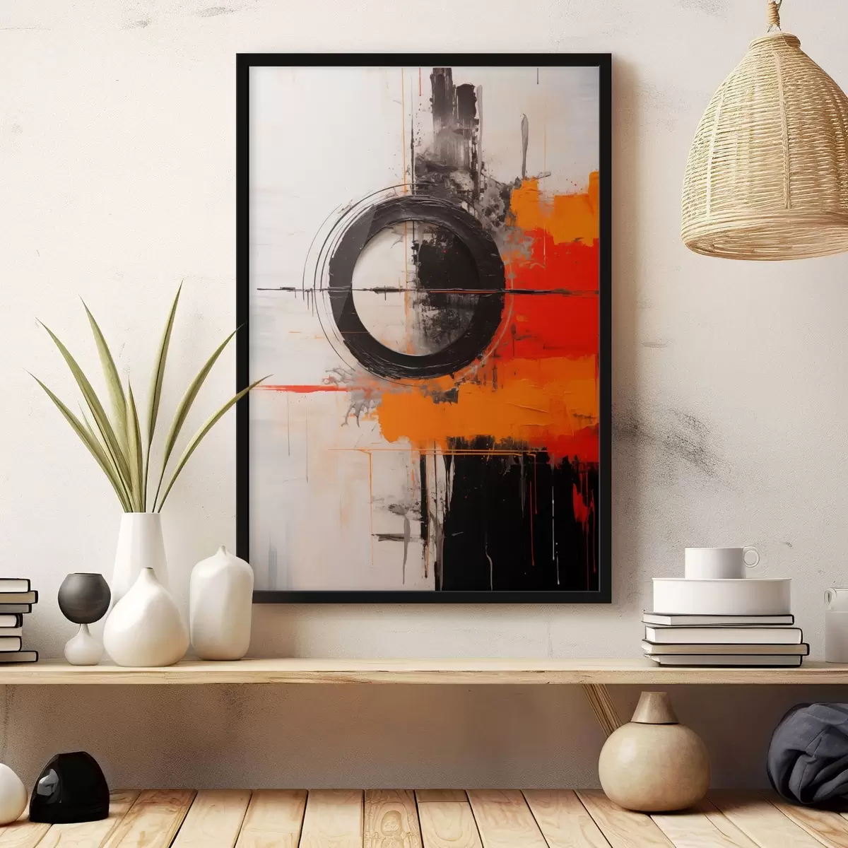 Plakat Must ring valgel taustal, oranžid jooned ja pritsmed f46549