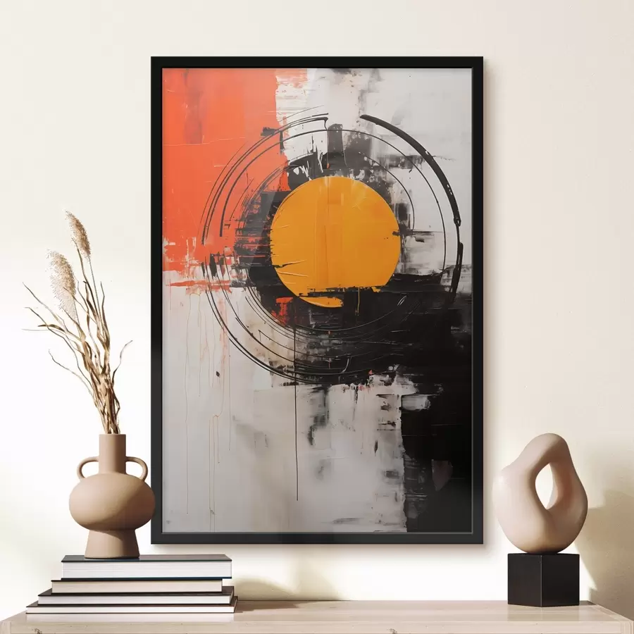 Fototapeedid Oranž ketas musta ringi sees, jooned ja pritsmed f46550