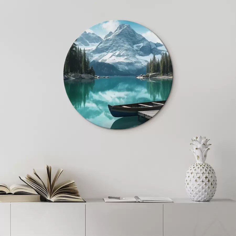 Pilt Alpi järv kanuuga ja lumiste mäetippudega r46481