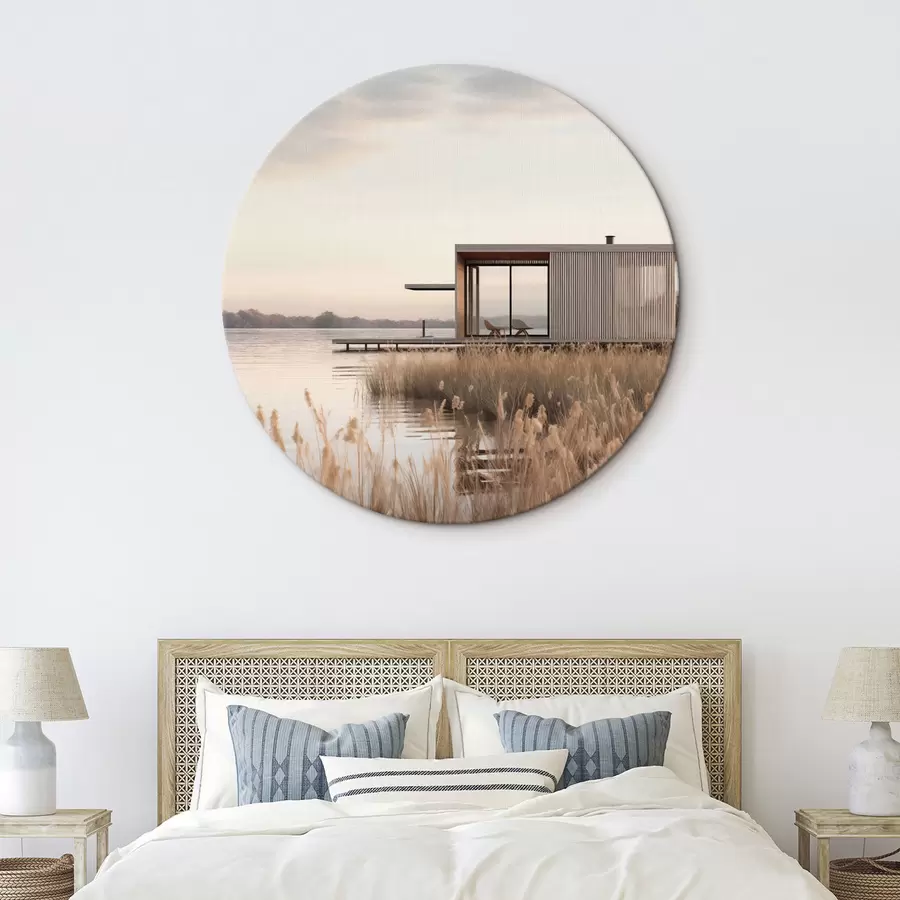 Pilt Kaasaegne järveäärne majake pilliroo keskel pehmes hämaras r46513