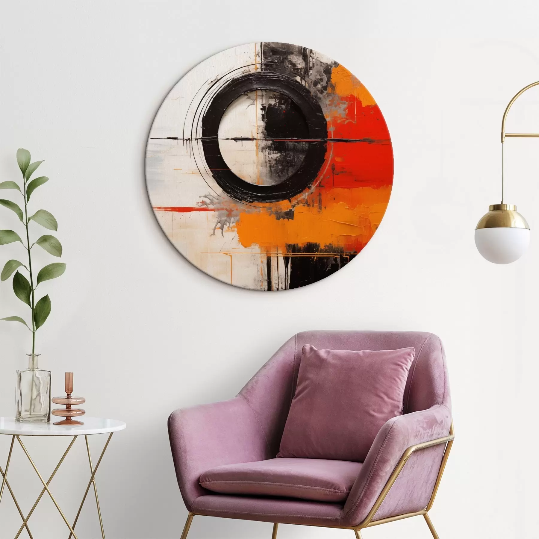 Pilt Must ring valgel taustal, oranžid jooned ja pritsmed r46549