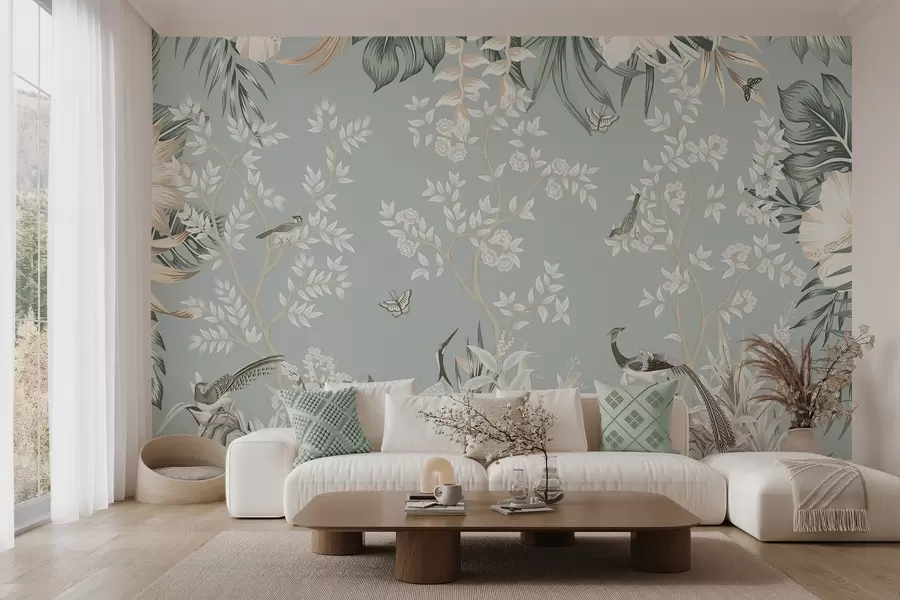 Fototapeedid Troopiline tekstuuriga pastellkunst, millel on linnud, liblikad, hibiskuse õied, palmilehed ja puud helesinisel taustal w09528