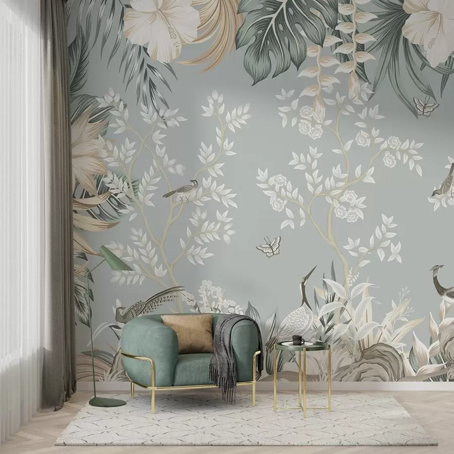 Fototapeedid Troopiline tekstuuriga pastellkunst, millel on linnud, liblikad, hibiskuse õied, palmilehed ja puud helesinisel taustal. w09528