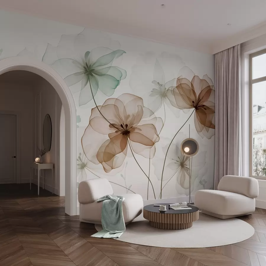 Fototapeedid Läbipaistvad lilled pruunide ja roheliste kroonlehtedega, pikad varred, hele taust, pehmed värvid, tekstuuriga lillemustriga w09529