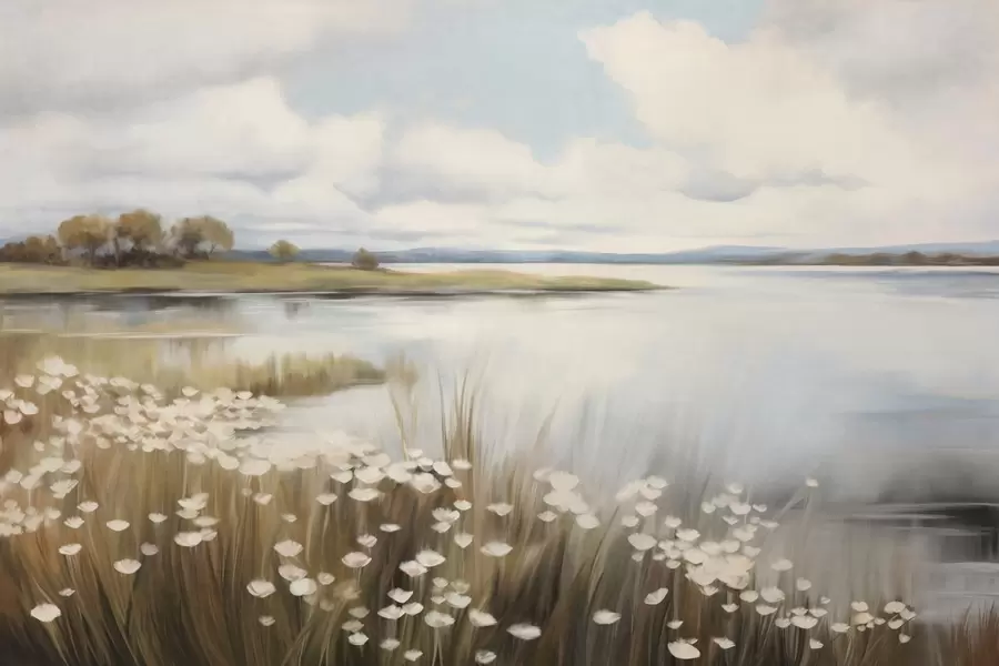 Fototapeedid Tekstuurne maastik, valged lilled ja kõrge rohi, taustal järv, puudega kaetud roheline mägi, pehmed värvid w09530