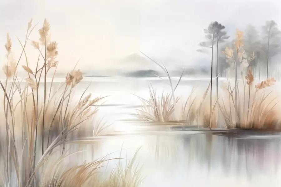 Fototapeedid Maastik järve ja kõrge rohu taustal, mäed taustal, pehmed värvid, tekstuuriga w09534