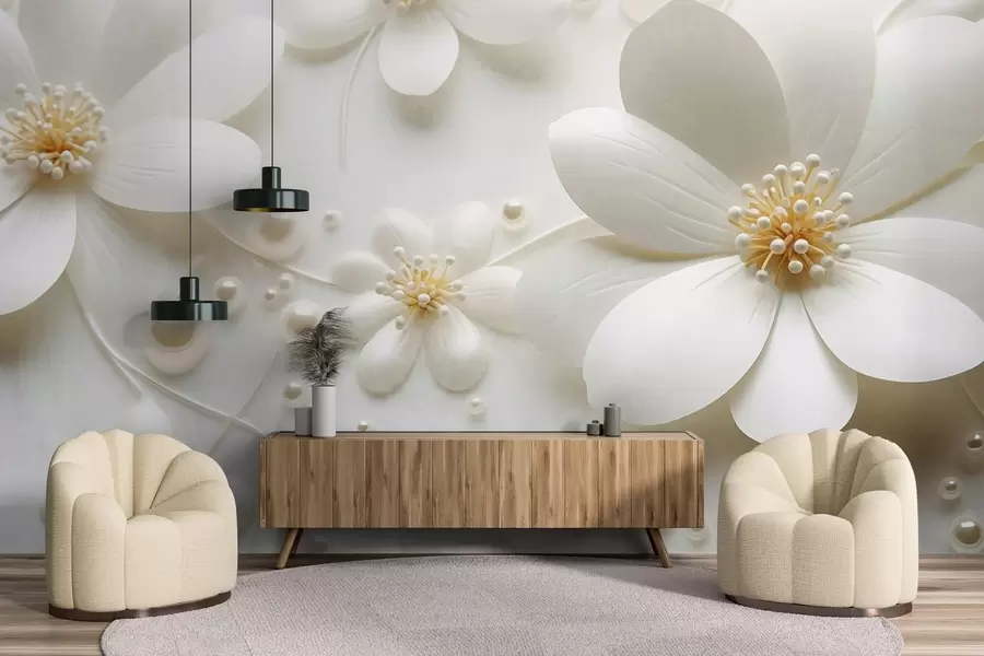 Fototapeedid Valged lilled pärlitega valgel taustal, elegantne ja minimalistlik disain, tekstuuriga w09535