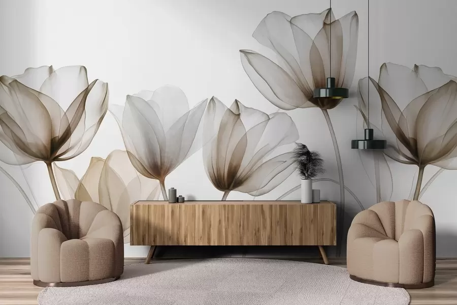 Fototapeedid Läbipaistvad pruunid ja valged tulbid pikkade vartega, heleda taustaga, delikaatne ja tekstuurne lillekunst w09538v1