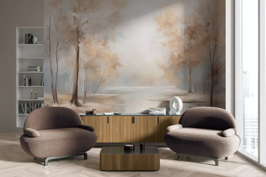 Fototapeedid Sügisene tekstuuriga maastik puude ja jõega, pehmed värvid, kerge ja õhuline atmosfäär, rahulik ja vaikne stseen w09541