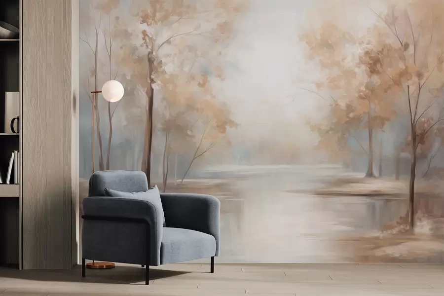 Fototapeedid Sügisene tekstuuriga maastik puude ja jõega, pehmed värvid, kerge ja õhuline atmosfäär, rahulik ja vaikne stseen w09541