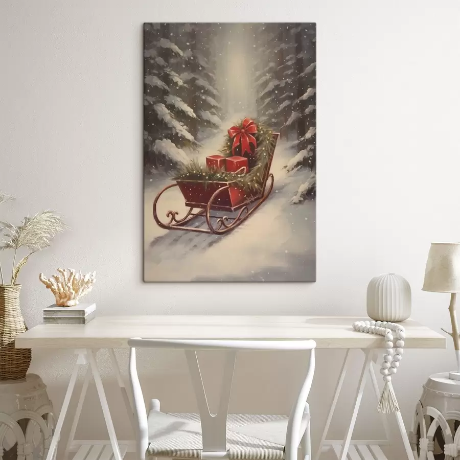 Pilt Jõulud kelk kingitustega lumises metsas s46630