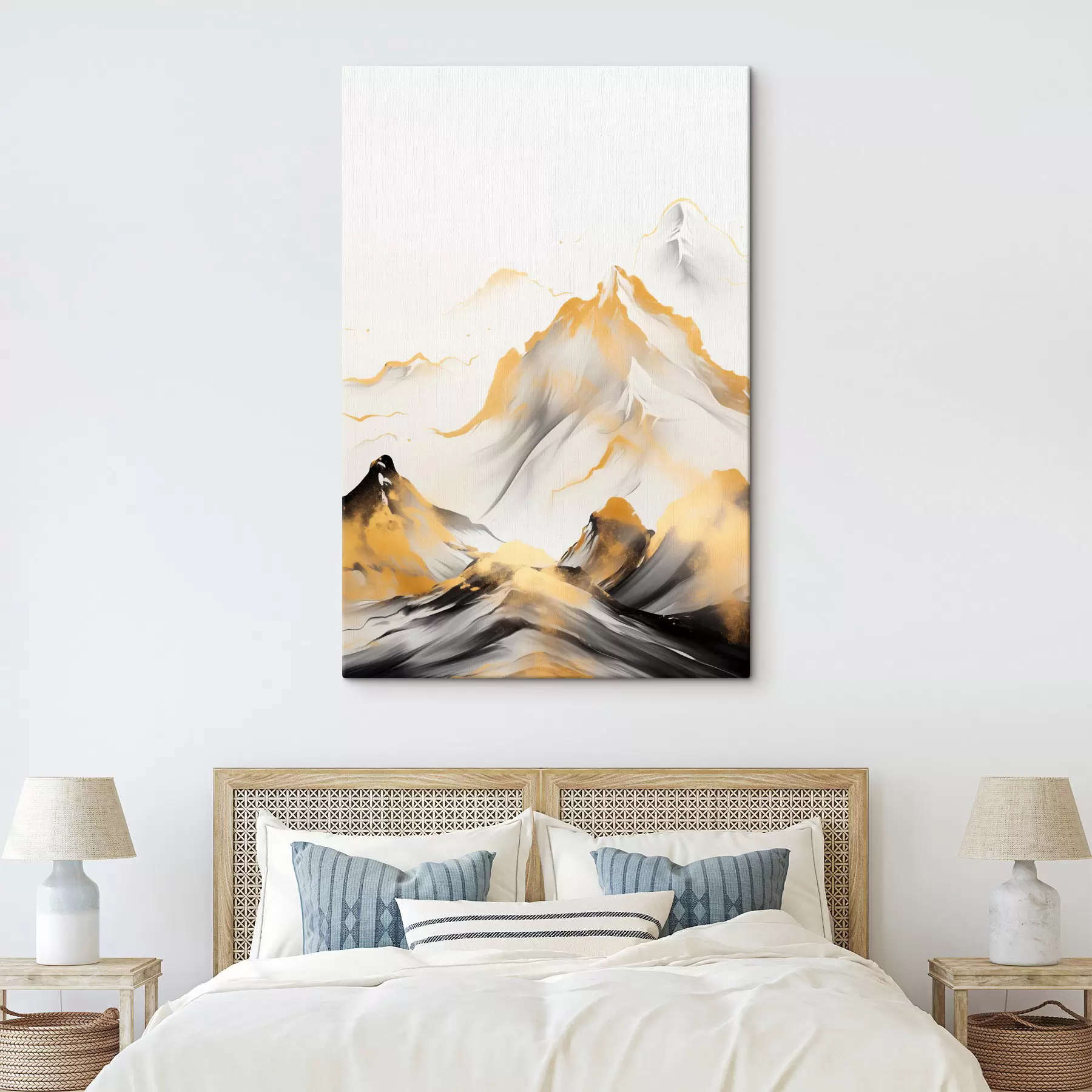 Pilt Tekstuuriga kollased ja mustad mäed lumiste tippudega, tušimaalistiilis, minimalistlik mäestik s46683