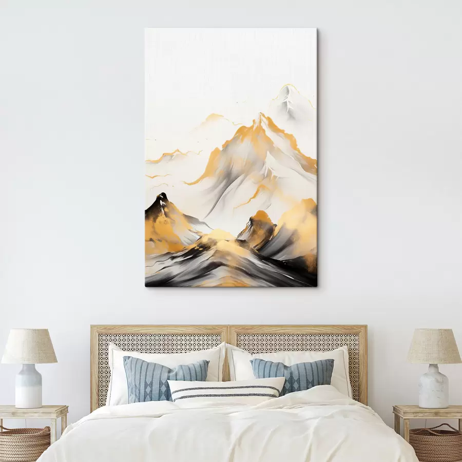 Pilt Tekstuuriga kollased ja mustad mäed lumiste tippudega, tušimaalistiilis, minimalistlik mäestik s46683