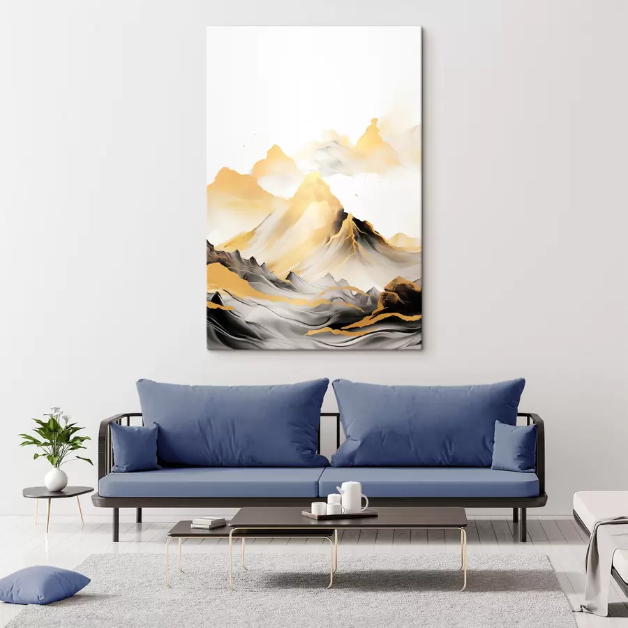 Pilt Tekstuuriga kollased ja mustad mäed lumiste tippudega, tušimaalistiilis, minimalistlik mäestik s46684