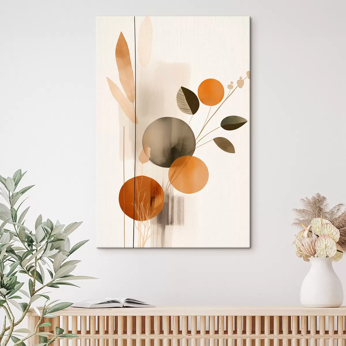 Pilt Abstraktne maal, millel on oranžid ja hallid ringid, lehed ja oksad, modernne stiil, akvarelliefekt s46697