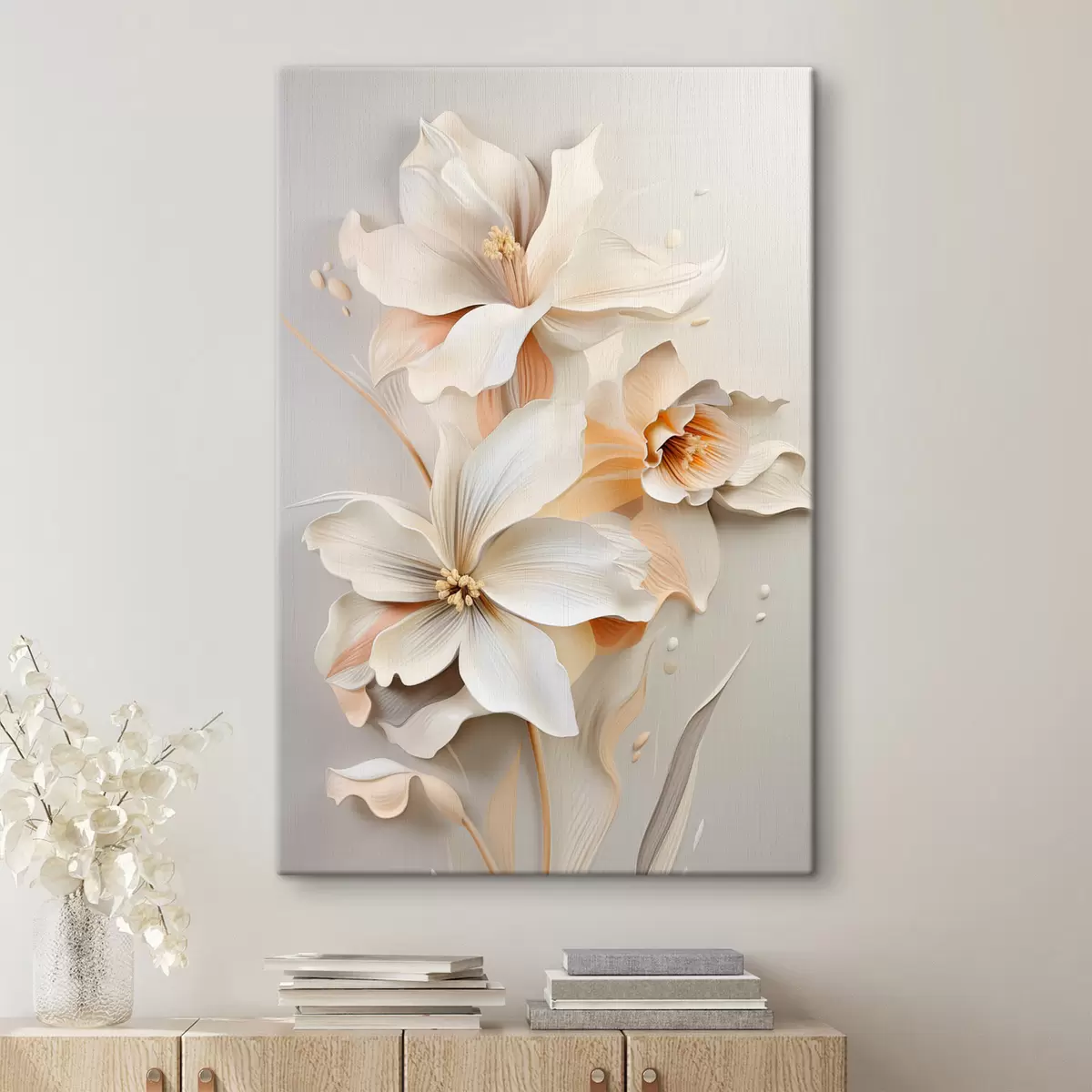 Pilt Valged lilled, õrnade varjudega kroonlehed, helebeež taust, elegantne kompositsioon, minimalistlik stiil s46699