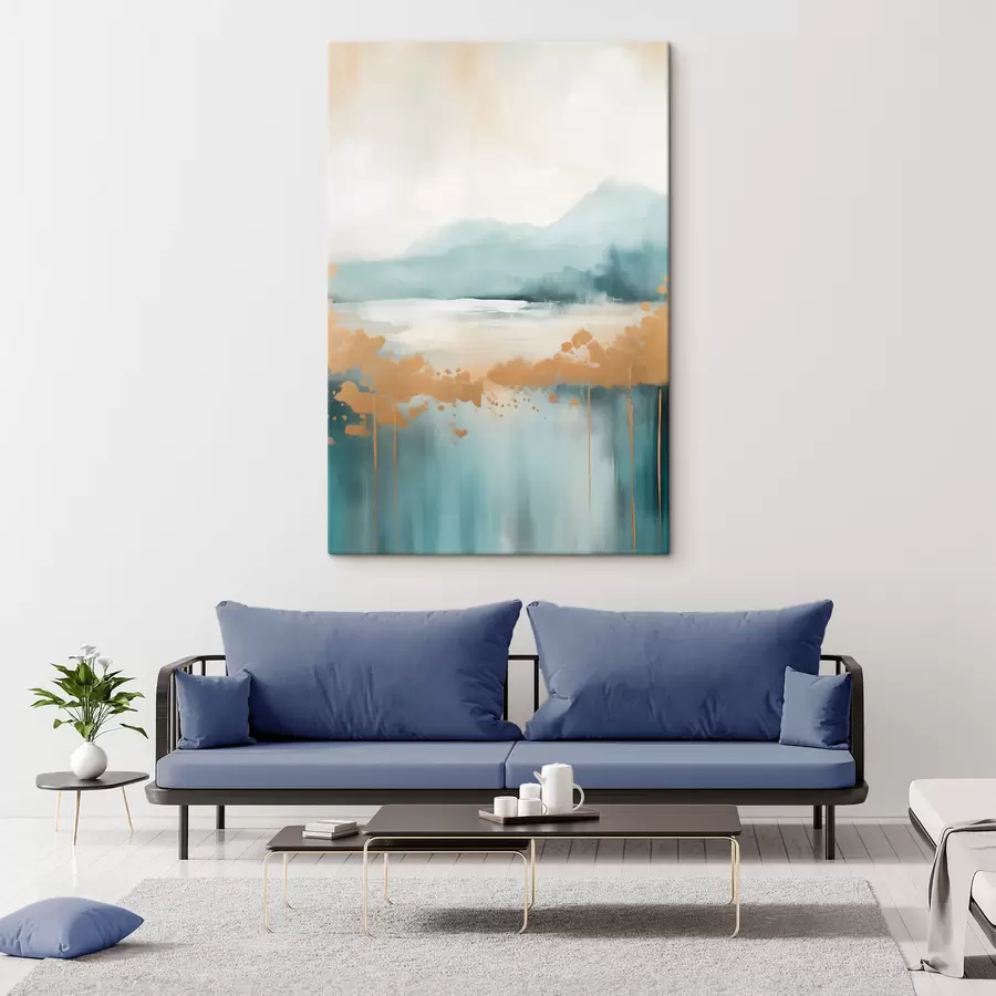 Pilt Abstraktne maastik mägedega ja järvega sinakasrohelises ja tekstuurse kollases toonis, pehmed pintslitõmbed, minimalistlik kunstiteos s46703