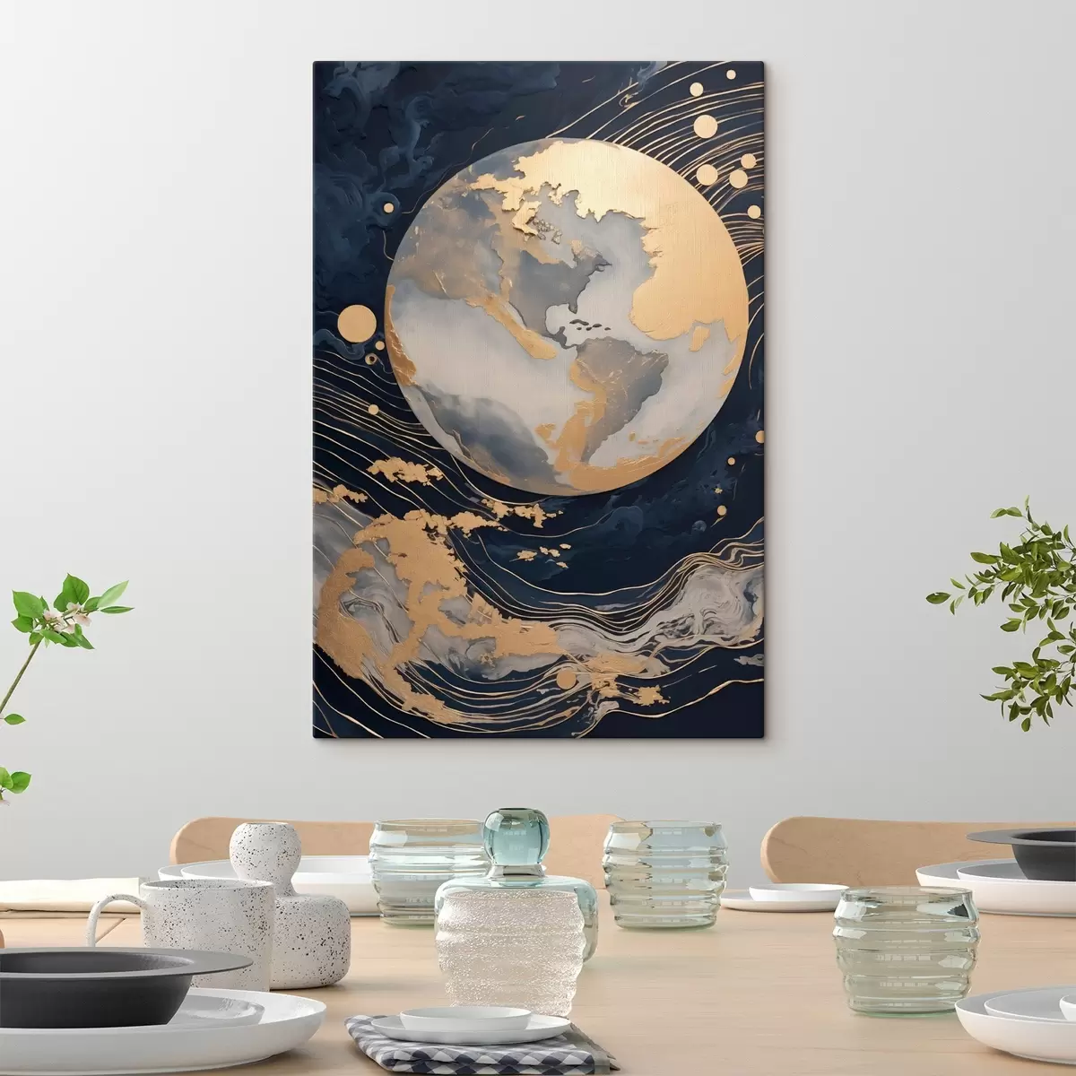 Pilt Tekstuuriga dekoratiivne planeet kollaste joontega taustal, kollaste punktidega taustal, tume taust s46708