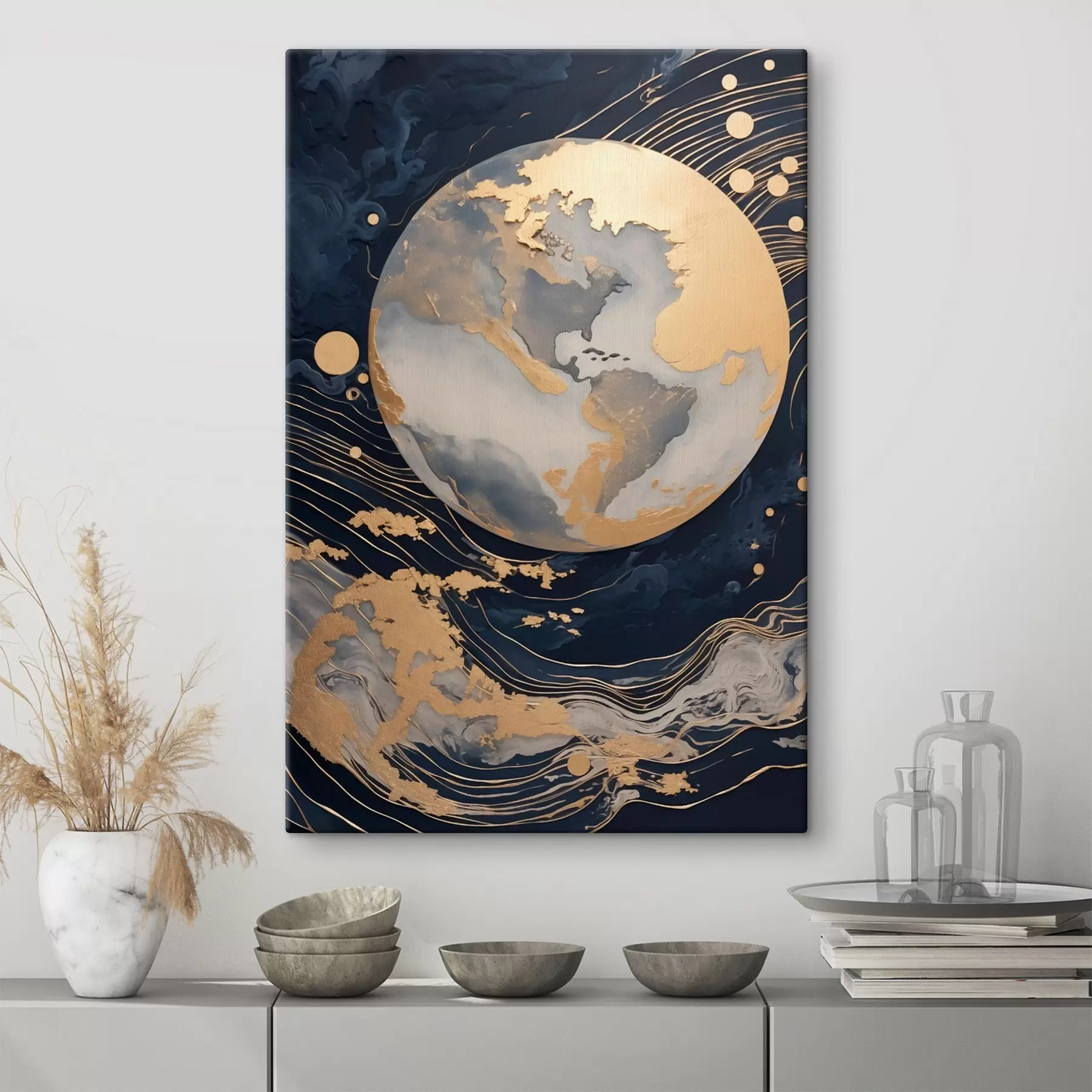 Pilt Tekstuuriga dekoratiivne planeet kollaste joontega taustal, kollaste punktidega taustal, tume taust s46708