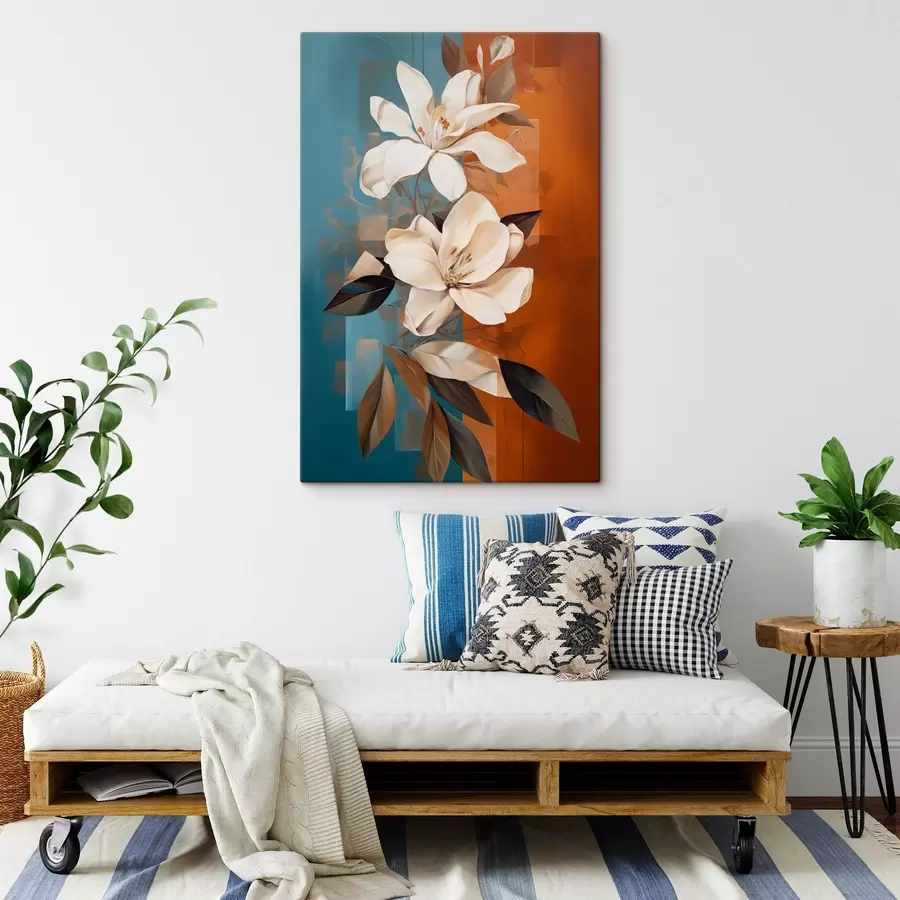 Pilt Abstraktsed valged lilled ja lehed pruuni ja sinise taustaga, minimalistlikus stiilis abstraktsete kujunditega. s46710