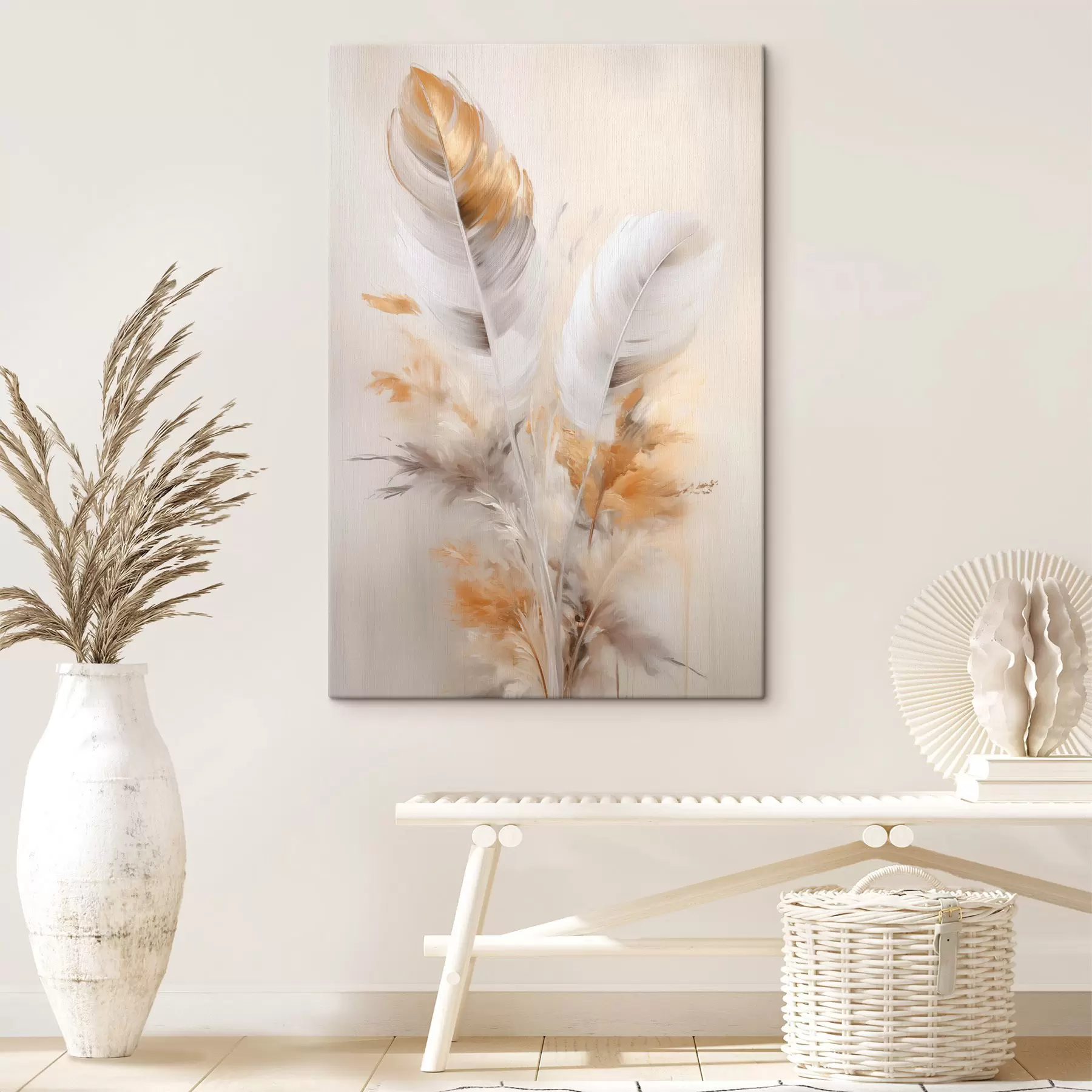 Pilt Abstraktsed suled, ümbritsetud beežide ja pruunide sulgedega, pehmed ja õrnad, helebeežil taustal s46711