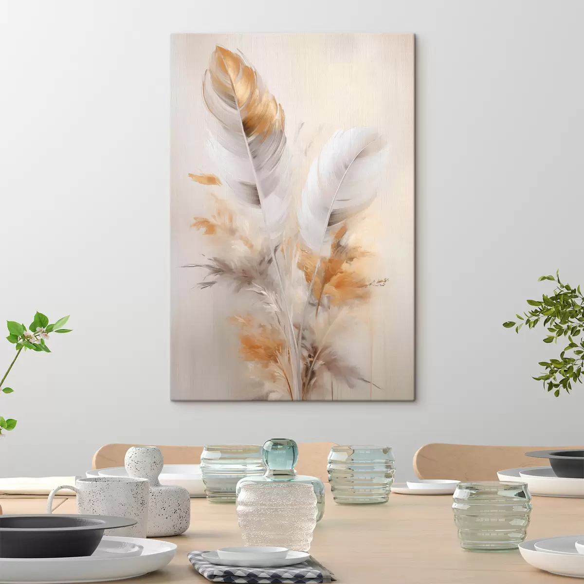 Pilt Abstraktsed suled, ümbritsetud beežide ja pruunide sulgedega, pehmed ja õrnad, helebeežil taustal s46711