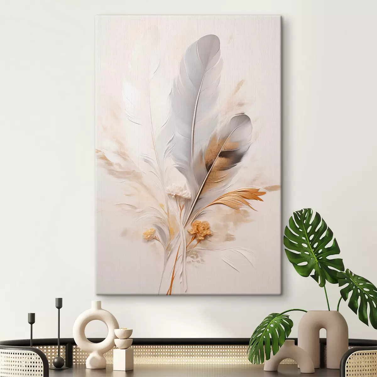 Pilt Abstraktsed suled, ümbritsetud beežide ja pruunide sulgedega, pehmed ja õrnad, helebeežil taustal s46712