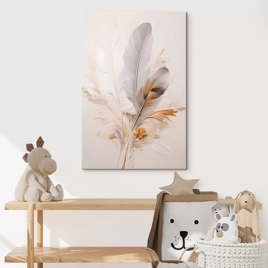 Pilt Abstraktsed suled, ümbritsetud beežide ja pruunide sulgedega, pehmed ja õrnad, helebeežil taustal s46712