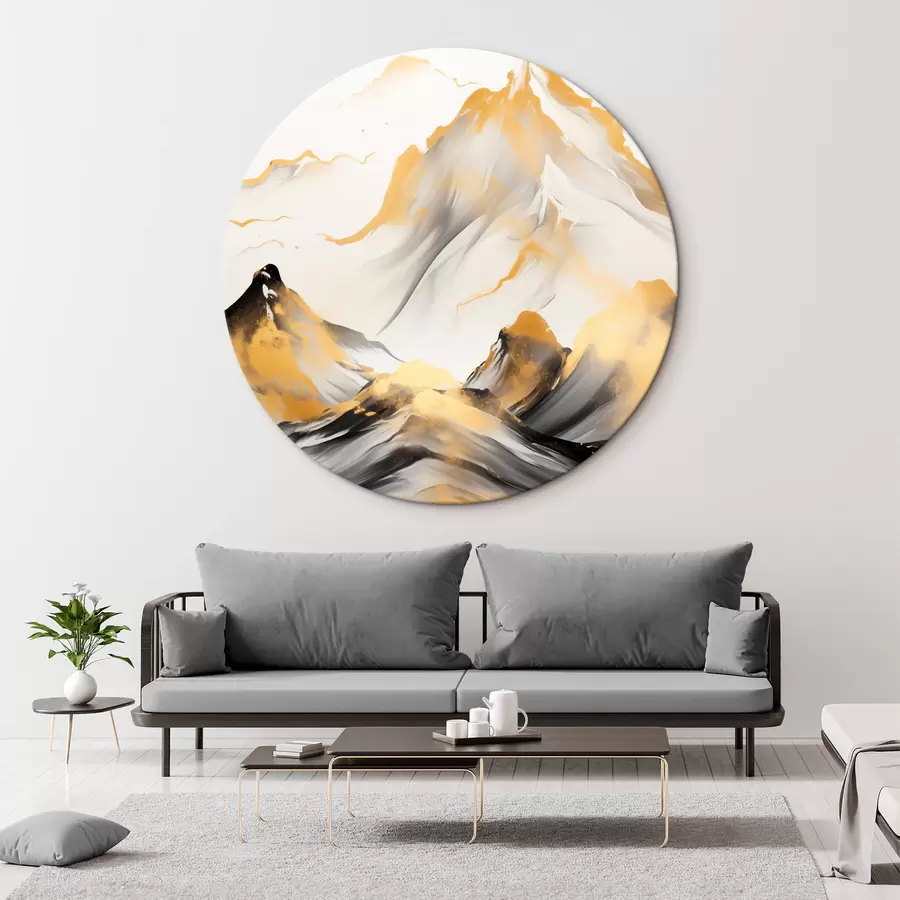 Pilt Tekstuuriga kollased ja mustad mäed lumiste tippudega, tušimaalistiilis, minimalistlik mäestik r46683