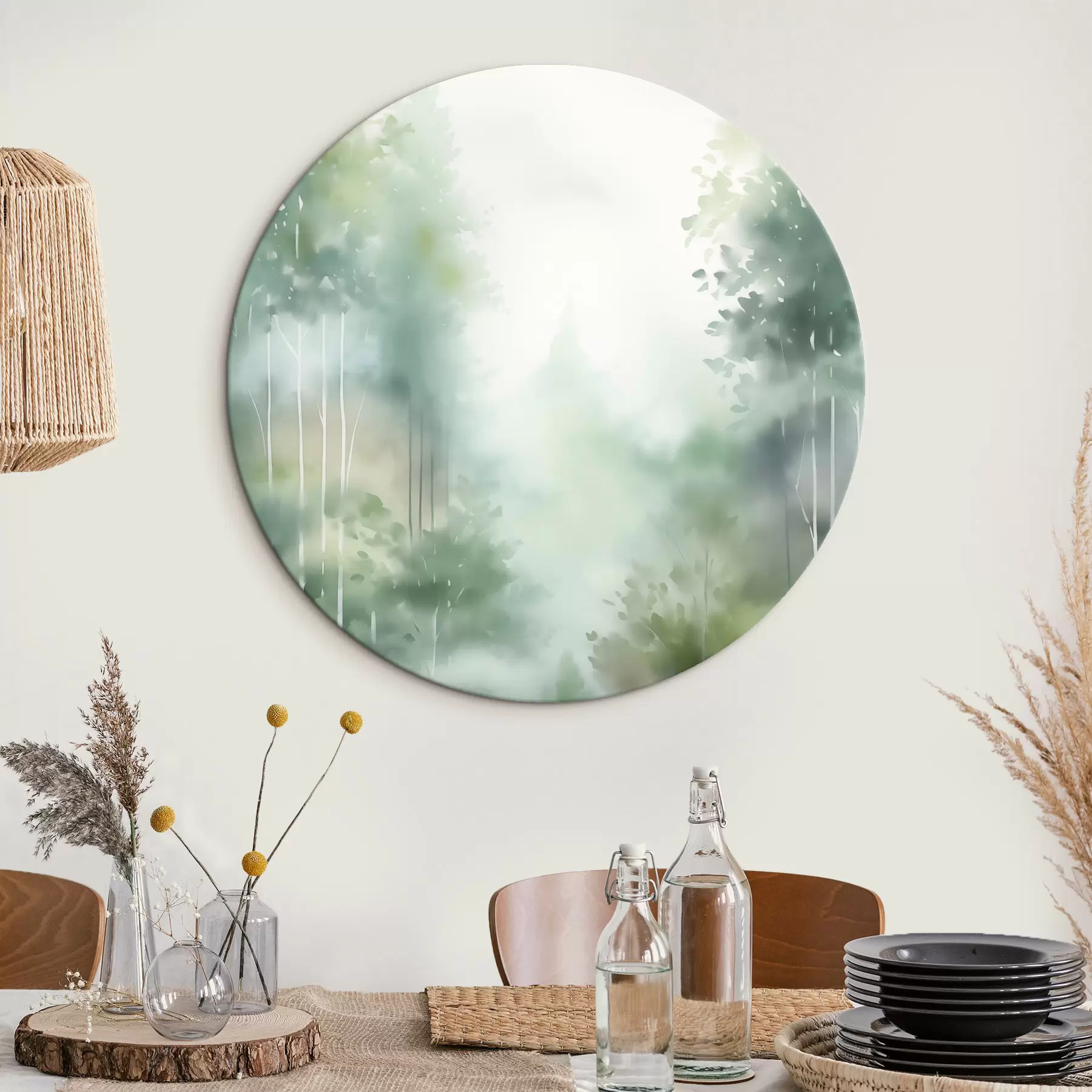 Pilt Akvarellmaal, mis kujutab abstraktset metsa kõrgetega puude ja rohelise lehestikuga, pehmed, summutatud värvid r46689