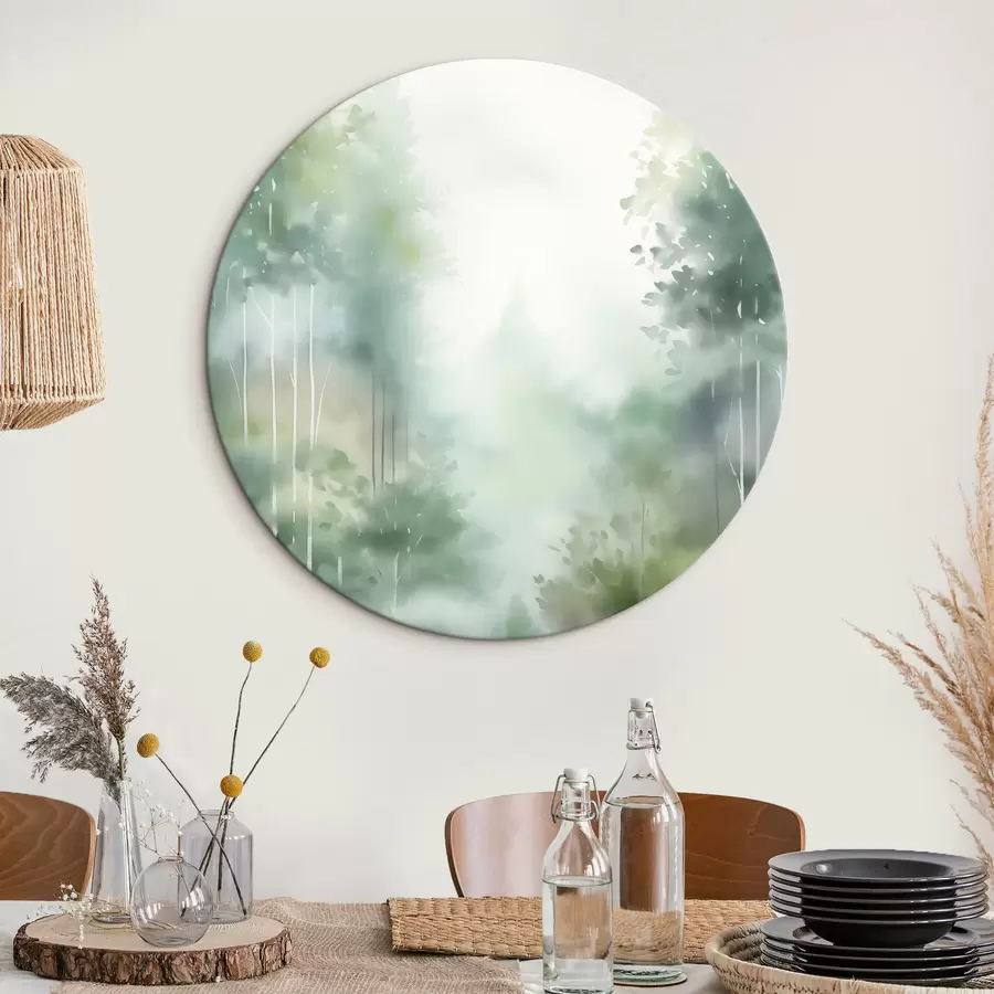 Pilt Akvarellmaal, mis kujutab abstraktset metsa kõrgetega puude ja rohelise lehestikuga, pehmed, summutatud värvid r46689