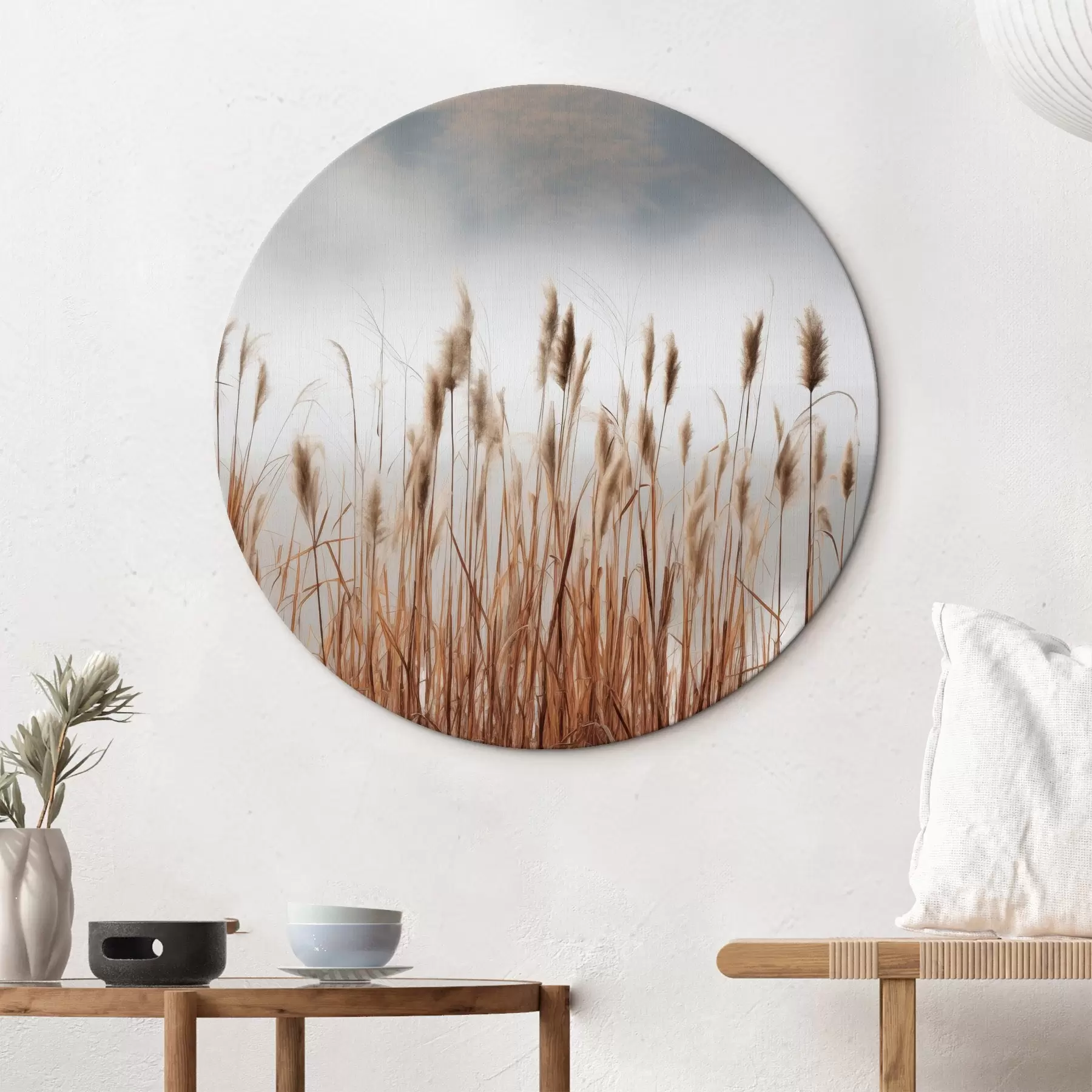 Pilt Veekogus kasvavad kõrged pillirood, vesi peegeldab pilliroogu, udune taust, pehme valgus, loodusvaade r46696