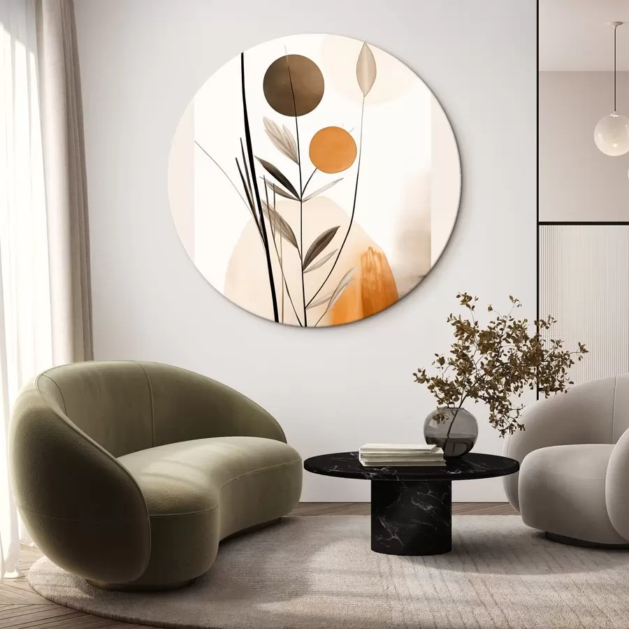 Pilt Abstraktne maal, millel on oranžid ja hallid ringid, lehed ja oksad, modernne stiil, akvarelliefekt r46698