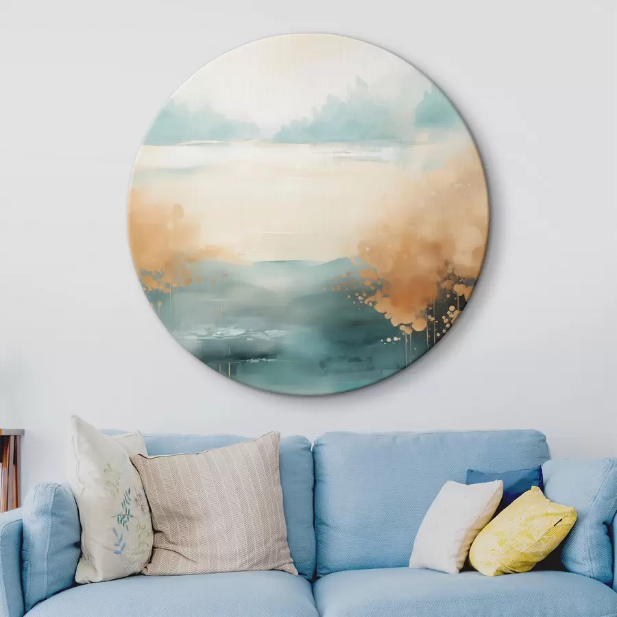 Pilt Abstraktne maastik mägedega ja järvega sinakasrohelises ja tekstuurse kollases toonis, pehmed pintslitõmbed, minimalistlik kunstiteos r46704