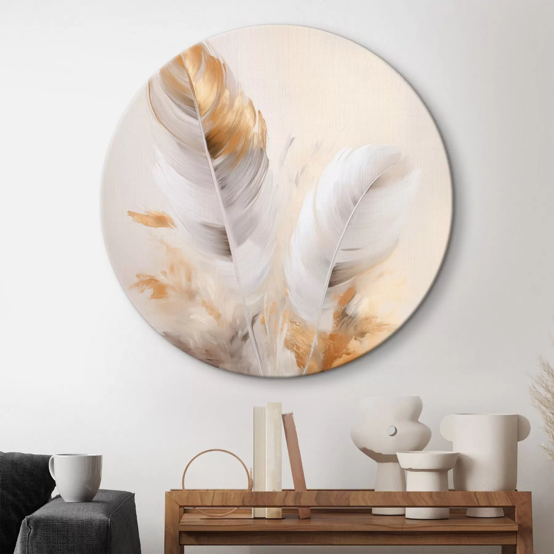 Pilt Abstraktsed suled, ümbritsetud beežide ja pruunide sulgedega, pehmed ja õrnad, helebeežil taustal r46711