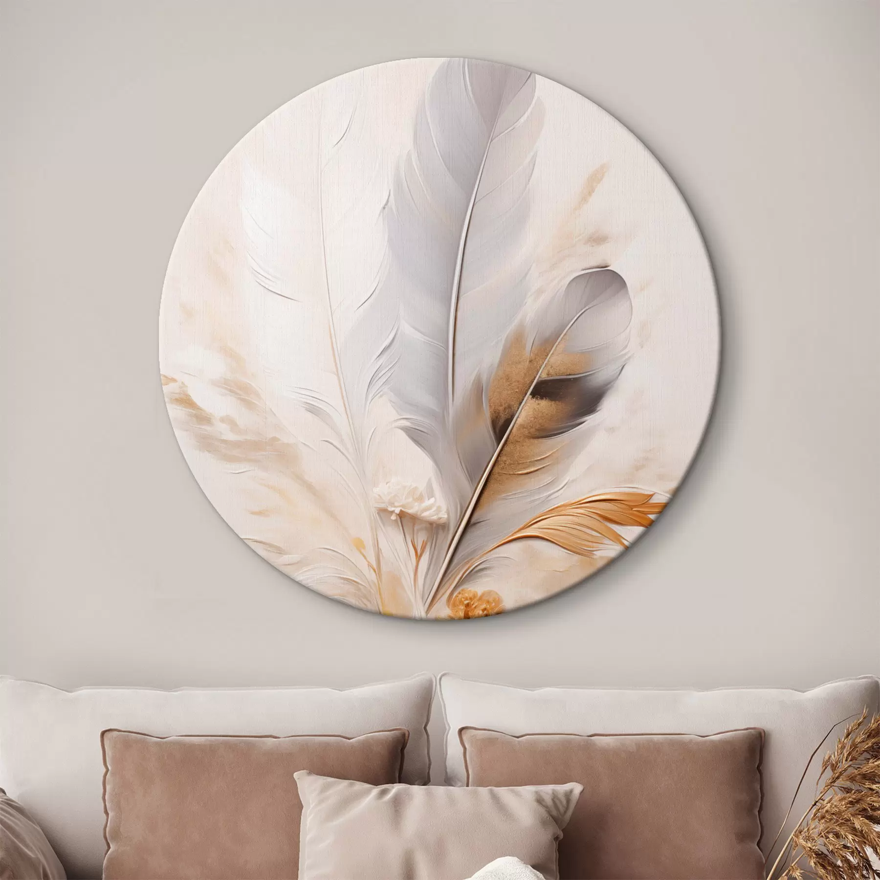 Pilt Abstraktsed suled, ümbritsetud beežide ja pruunide sulgedega, pehmed ja õrnad, helebeežil taustal r46712