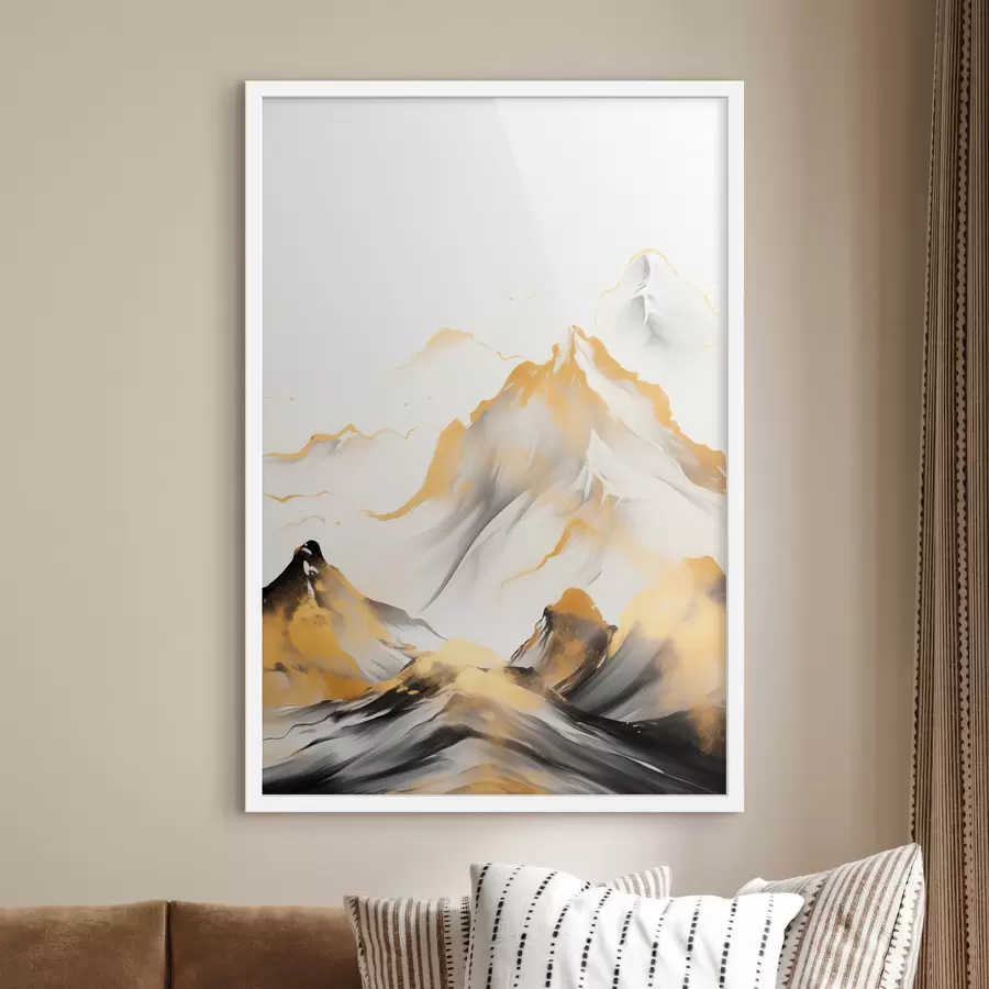 Fototapeedid Tekstuuriga kollased ja mustad mäed lumiste tippudega, tušimaalistiilis, minimalistlik mäestik f46683