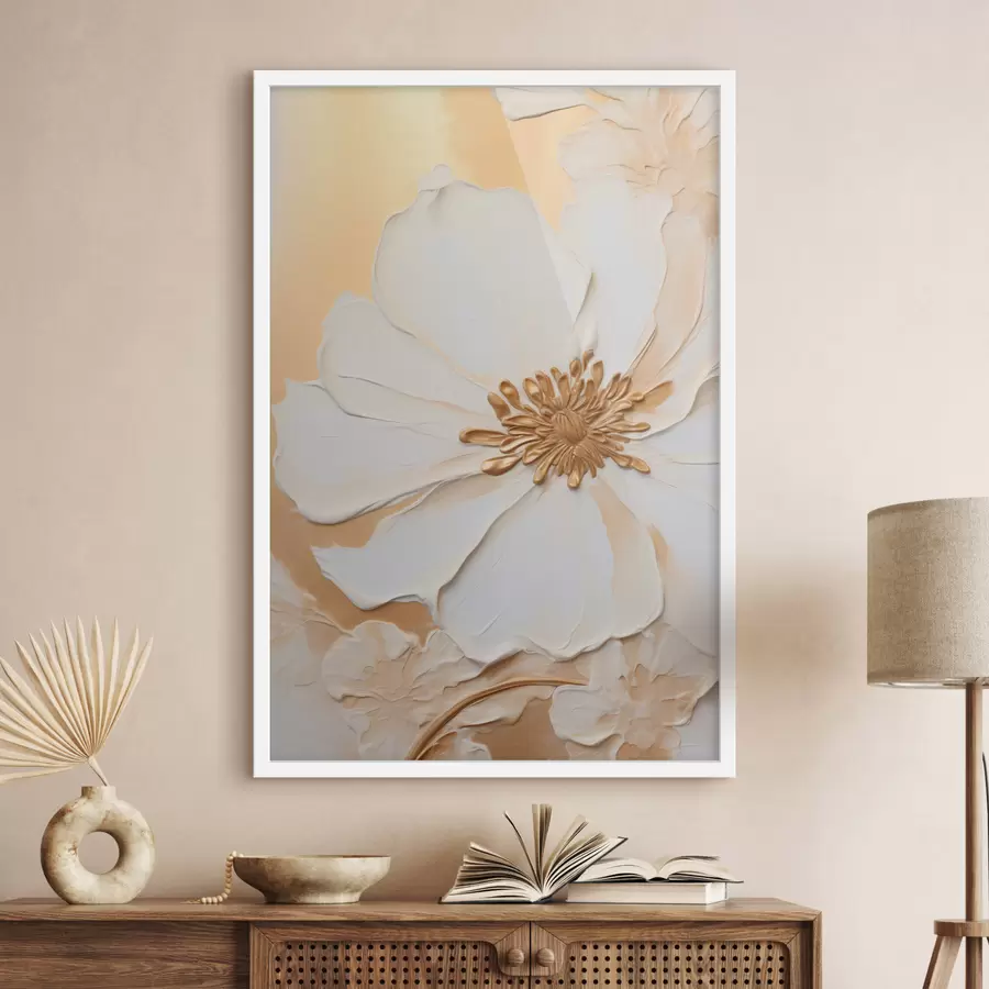 Fototapeedid Valge õis õrnadele kroonlehtedele, paksud pintslitõmbedega imitatsioon, heleoranžil tekstuuriga taustal f46691