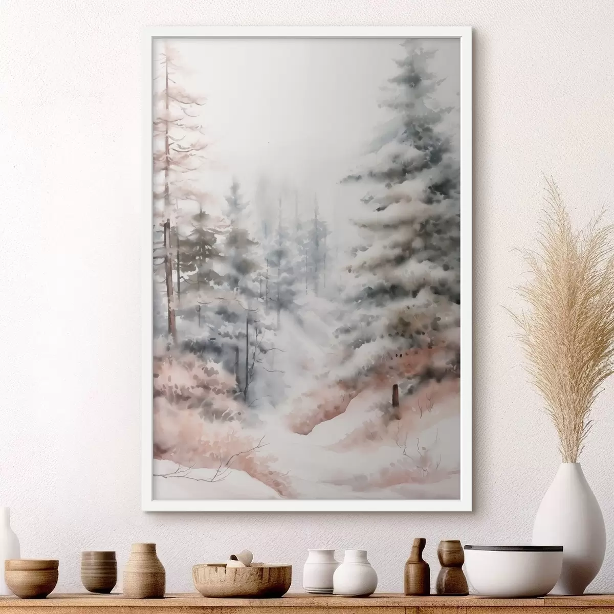 Plakat Lumega kaetud kõrged männipuud, mis seisavad uduses metsas, pehme, vaikselt talvine stseen f46702