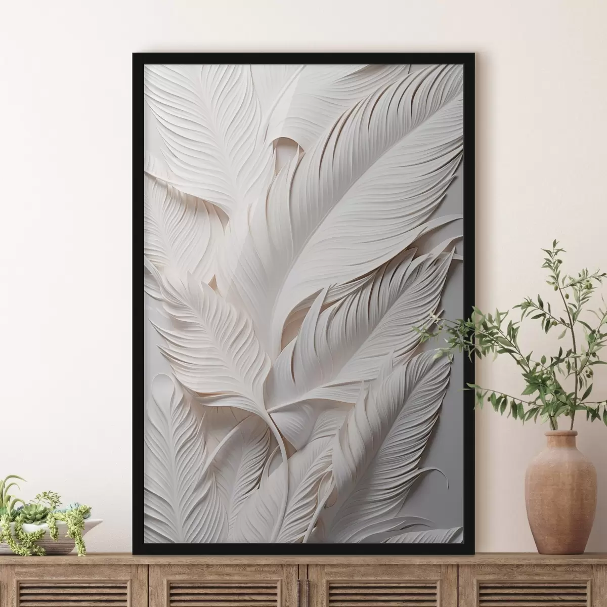 Plakat Valged lehed keeruliste detailidega, mis loovad tekstuurse ja kihilise efekti, minimalistlik kunst f46706