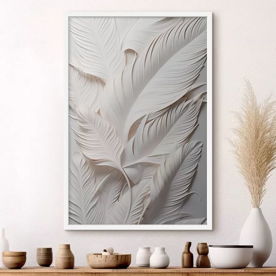 Fototapeedid Valged lehed keeruliste detailidega, mis loovad tekstuurse ja kihilise efekti, minimalistlik kunst f46706