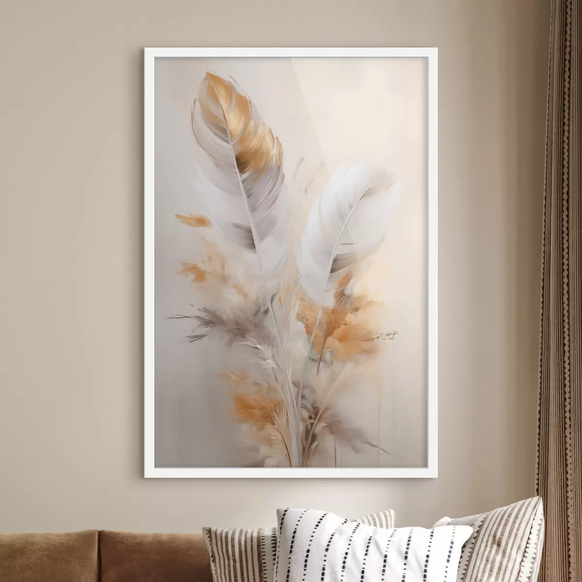 Plakat Abstraktsed suled, ümbritsetud beežide ja pruunide sulgedega, pehmed ja õrnad, helebeežil taustal f46711