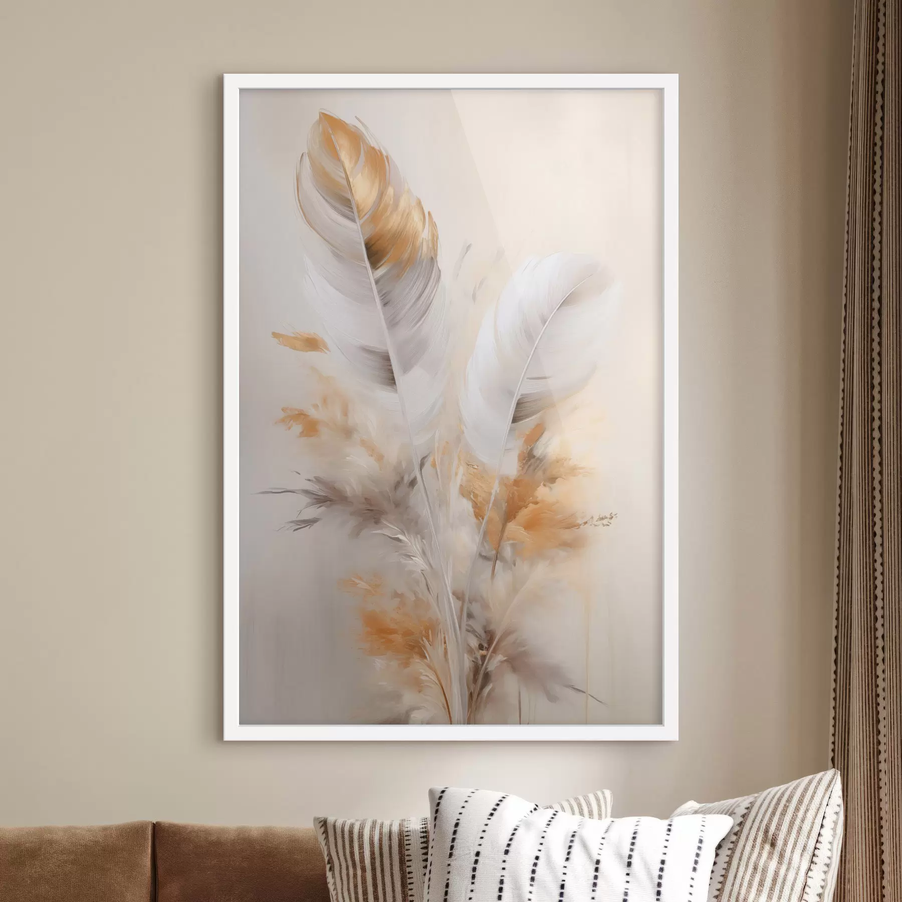 Fototapeedid Abstraktsed suled, ümbritsetud beežide ja pruunide sulgedega, pehmed ja õrnad, helebeežil taustal f46711